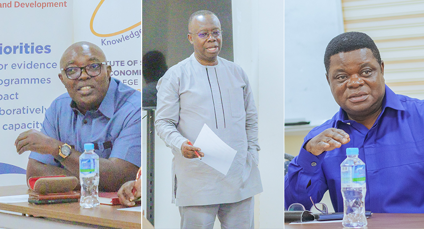 ISSER Director Prof. Robert Darko Osei, ReFinD Executive Director Prof. Peter Quartey, and ICED President Dr. David Ameyaw deliver opening remarks at the joint training.