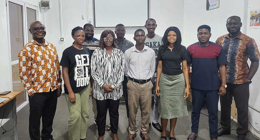 Eric Mochiah with young researchers during a training session on digital survey tools, aimed at boosting their capacity and strengthening Ghana’s financial inclusion evidence base